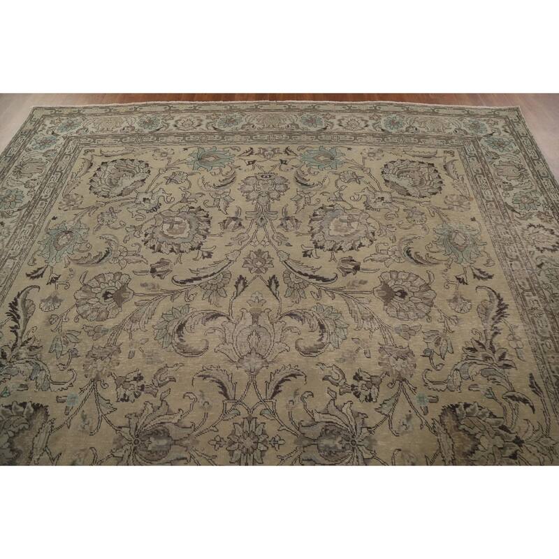 Distressed Tabriz Persian Vintage Area Rug Handmade Pink Wool Carpet - 9'7" x 12'10"