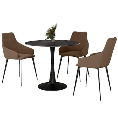 4-Piece Dining Set 35-Inch Round MDF Tabletop Dining Table and 3 Upholstered Side Chairs in Iron