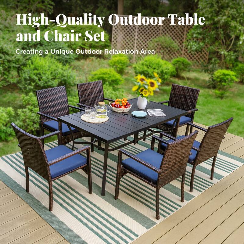 MAISON ARTS 7/8 Pieces Outdoor Patio Dining Set, 6 PE Rattan Chairs with Cushions and 1 Rectangle Metal Table