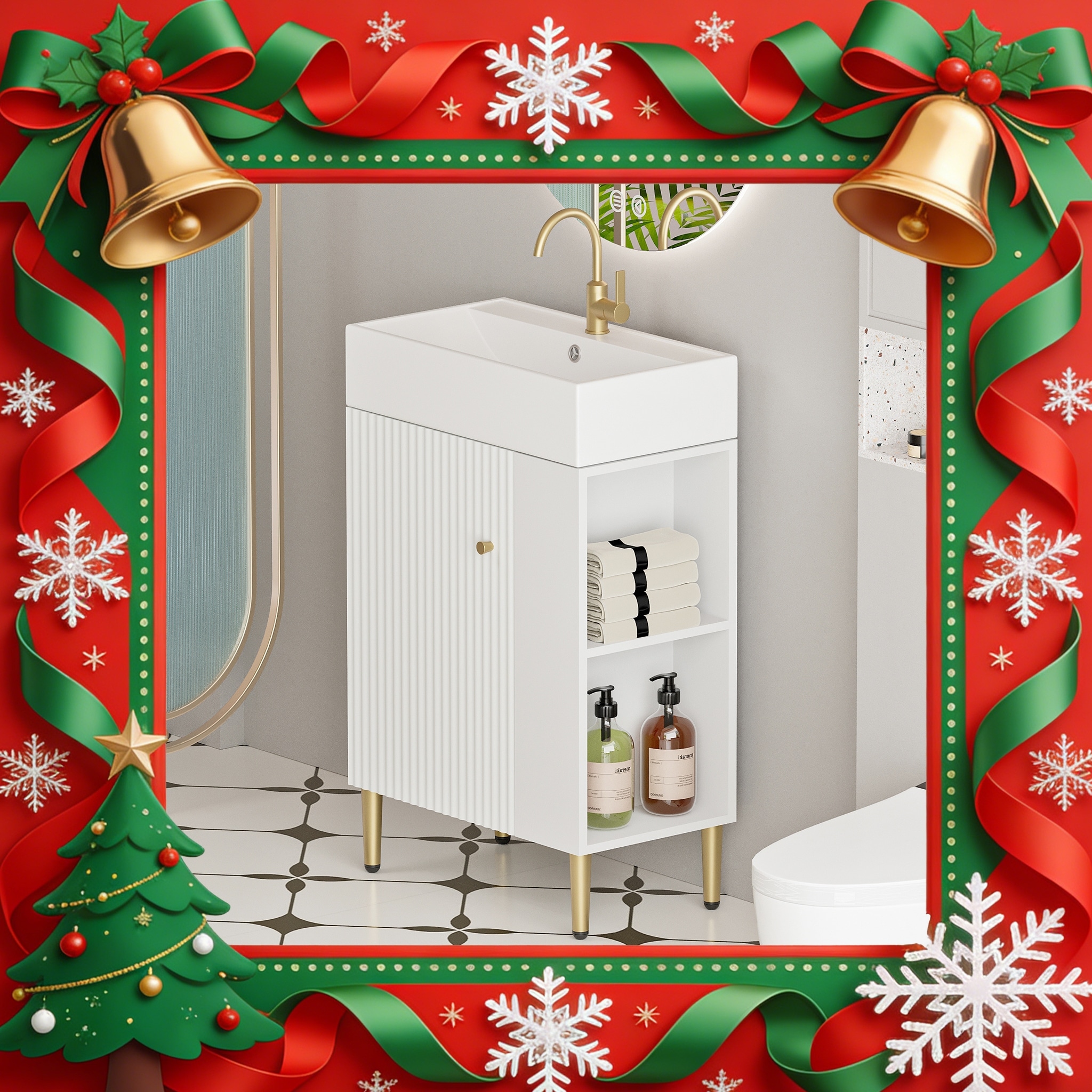 21.6" Open-shelving vanity with ceramic sink, soft-close door, right storage shelf, assembly needed