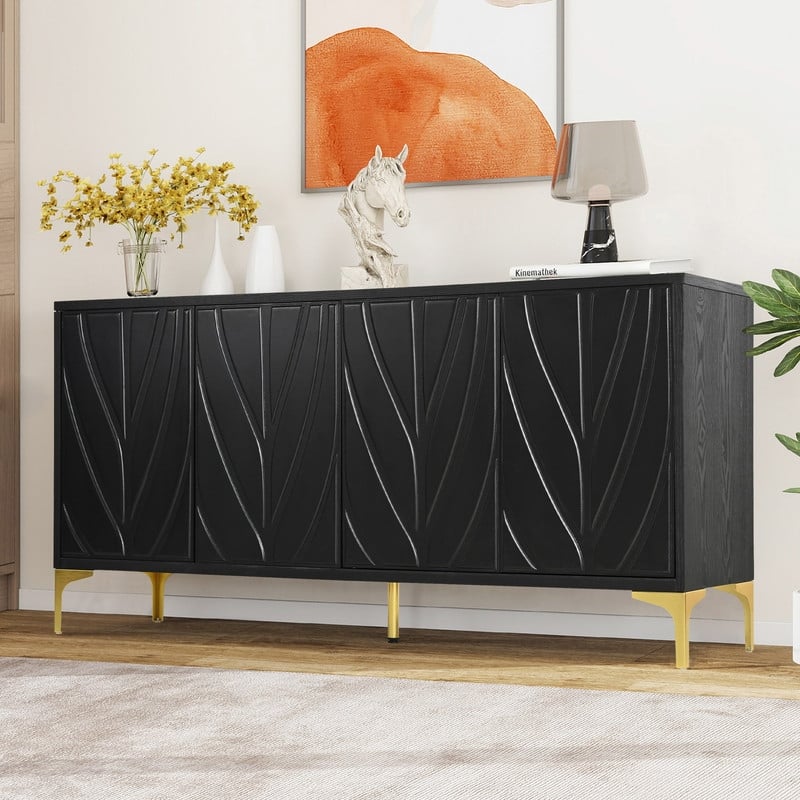 59.84" Carved Sideboard Buffet Cabinet with Press-to-Open Design for Dining Room or Living Room