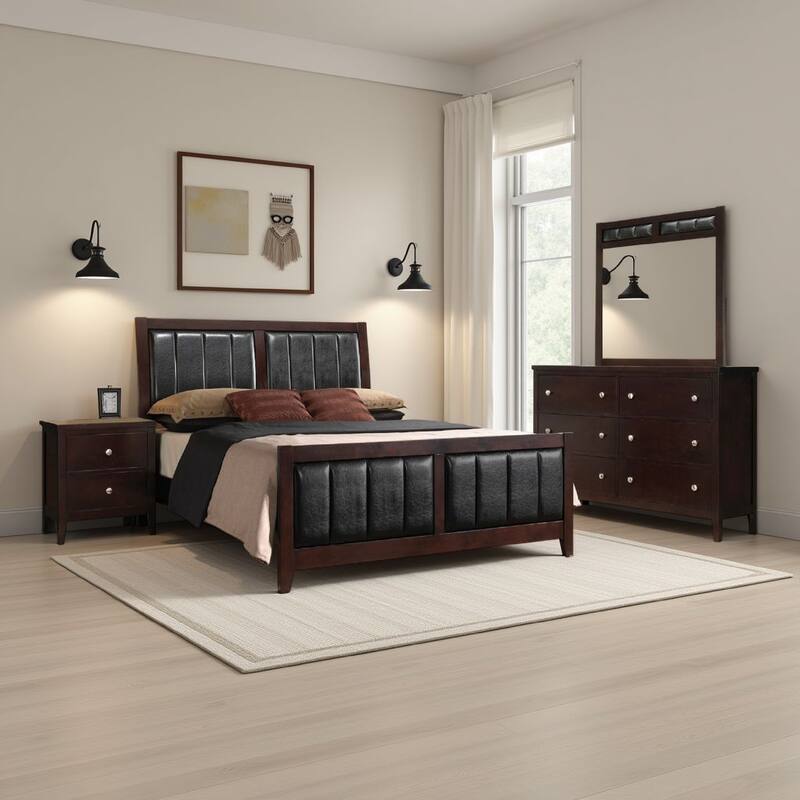 Con 4 Piece Queen Bedroom Set, Black Leather Upholstery, Dark Brown