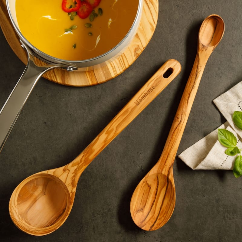 Bloomhouse Italian Olive Wood 2 Piece Extra-Large 14 Inch Ladle and tasting Spoon Set