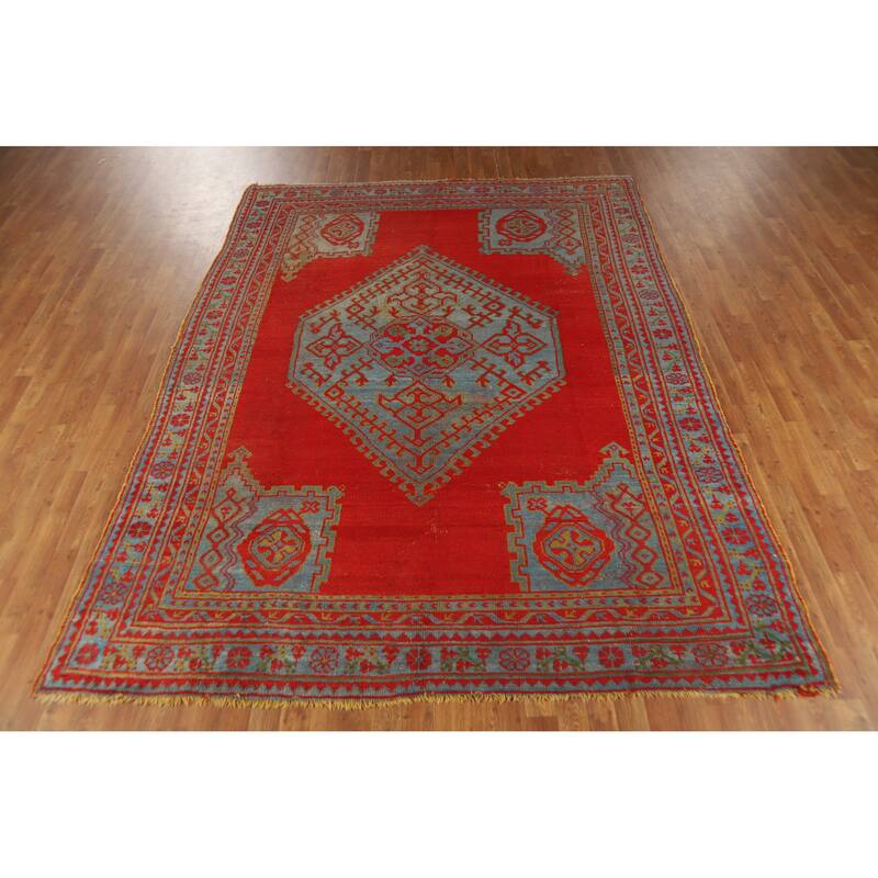 Vegetable Dye Oushak Turkish Antique Area Rug Handmade Wool Carpet - 7'3" x 9'9"