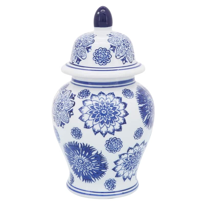 Sagebrook Home 10" Temple Jar - A Contemporary Ceramic Piece with White & Blue Floral Glam for Home or Office Decor - 6" x 6" x 10" - Blue