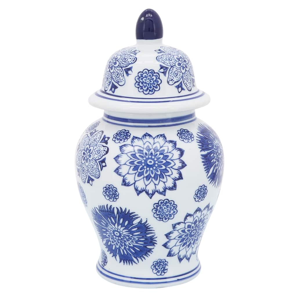 Sagebrook Home 10" Temple Jar - A Contemporary Ceramic Piece with White & Blue Floral Glam for Home or Office Decor