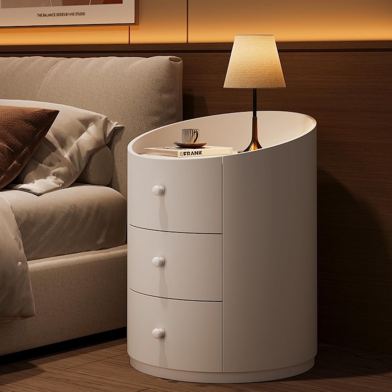 White Round Nightstand, Modern Wood Fully Assembled Bed Side Table with 3 Drawers for Living Room, Bedroom