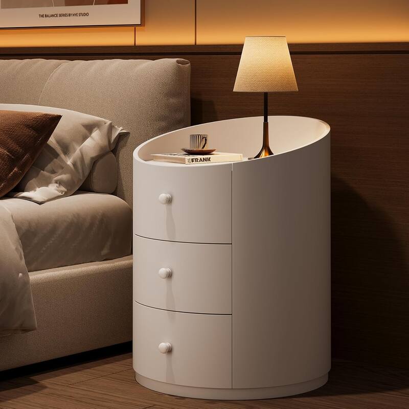 White Round Nightstand with 3 Drawers, Modern Wood Fully Assembled End Sofa Side Table