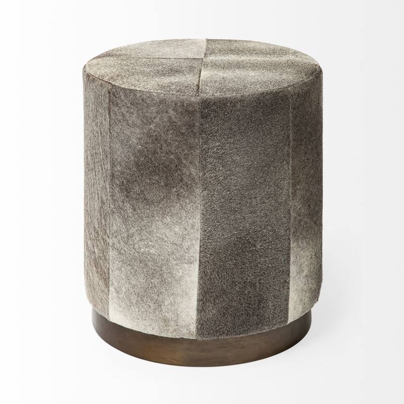 Gray Cowhide Ottoman with Metal Base