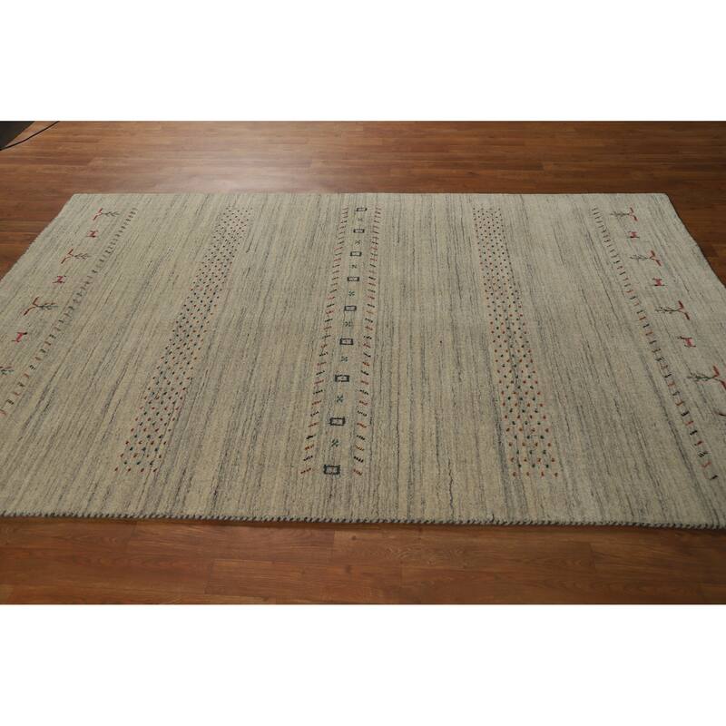 Hand Knotted Oriental 100% Wool Carpet Tribal Animal Pictorial Beige & Ivories Gabbeh Area Rug - 7' 9'' X 5' 1''