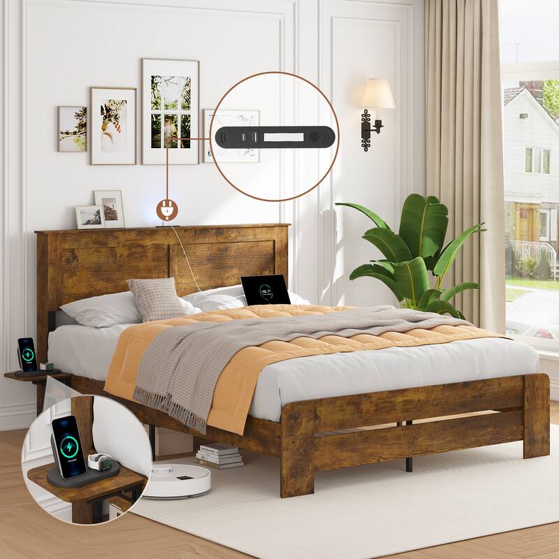 Bed Frame with Headboard LED Lights Side Tables and Underbed Storage - King