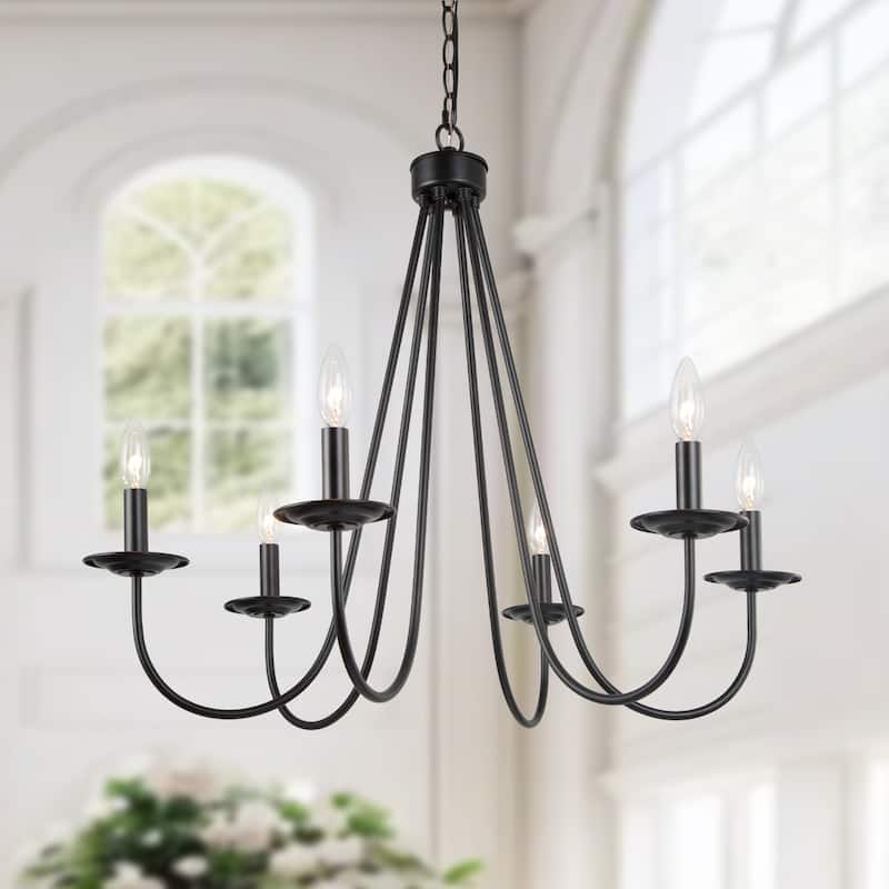 Rella Modern Farmhouse Chandelier 6-light Classic Candle Metal Dining Room Pendant - Light Gold - D28" x H24" - D28.1"* H24.5" - Matte Black