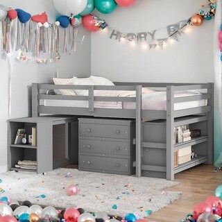Contemporary Low Study Full Loft Bed with Cabinet and Rolling Portable ...