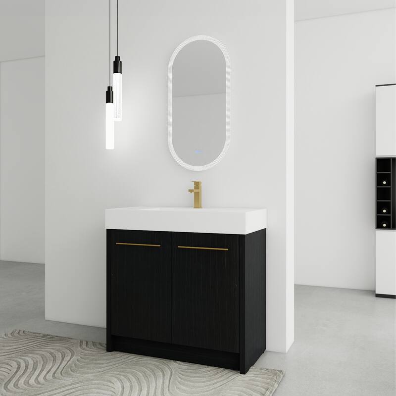 24" Bathroom Vanity with Resin Sink, Soft Close Hinges, Adjustable Storage, Black Chestnut Color, Freestanding Cabinet
