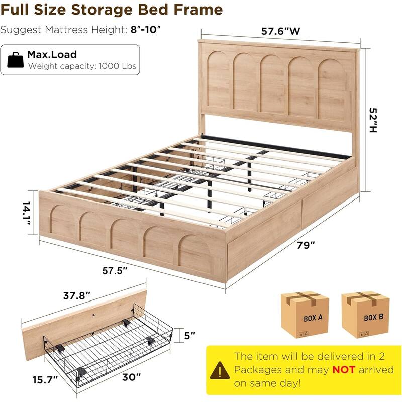 Modern Full Size Bed Frame, 52" Tall Arched Recessed Headboard