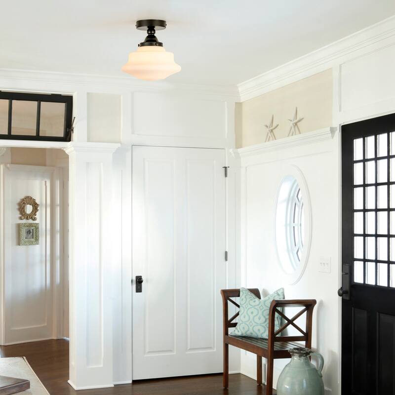 9.5" W Farmhouse Gold/Black Metal Semi-Flush Mount Ceiling Light with Frosted White Glass for Bedroom, Living Room