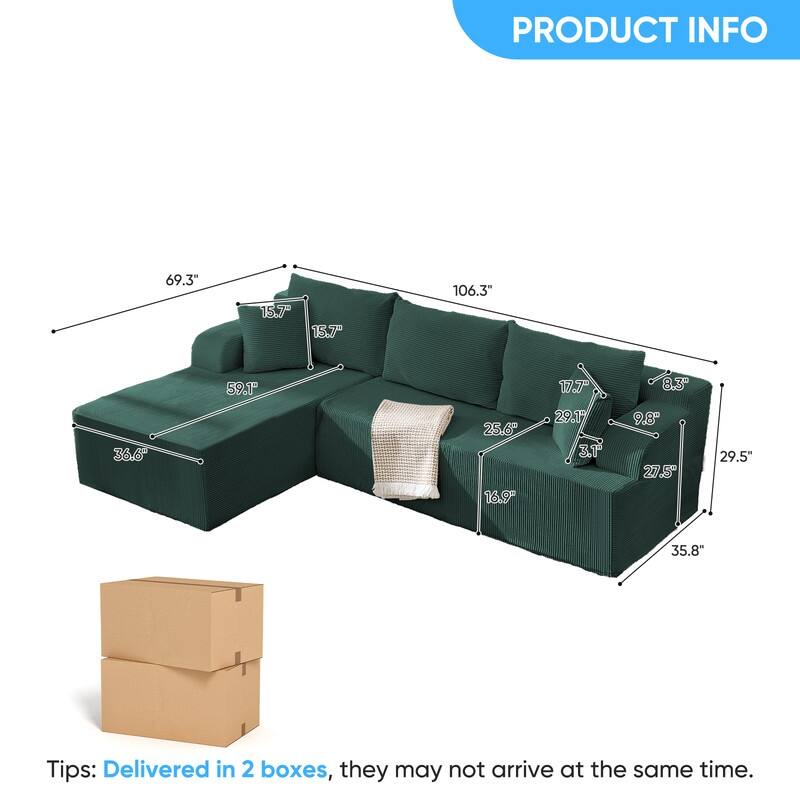 Mixoy 2-Pcs Free Combination Modular Sectional Sofas with Deep Seat,Corduroy L-Shaped Sofa with Chaise Lounge - 3-Seater