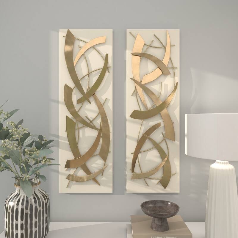 Gold Metal Dimensional Abstract Wall Decor with Black or White Wood Backing (Set of 2)