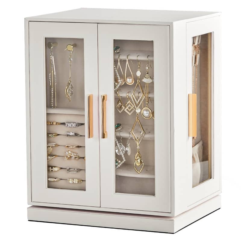 FCH Quad View with Storage 5 Drawers Rotatable White Cabinet Pink Velvet Jewelry Case