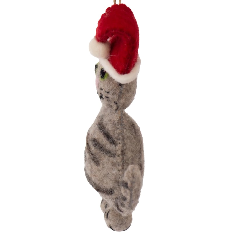 Handmade Felt Grey Tabby Santa Cat Felt Ornament