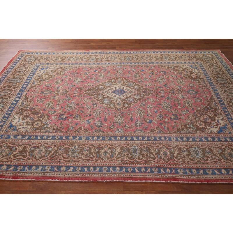Distressed Pink Mashad Persian Vintage Rug Handmade Wool Carpet - 6'5"x 9'5"