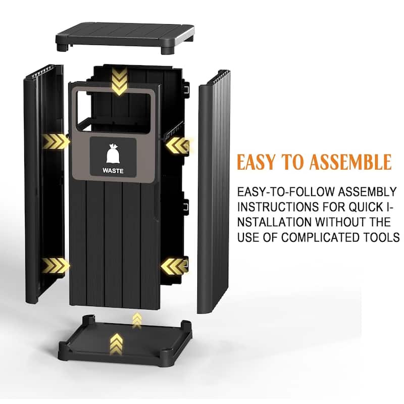 Single-Barrel Outdoor Trash Can,Waterproof Resin Garbage Can with Garbage Labels,Durable Waste Bin for, Backyard, Porch