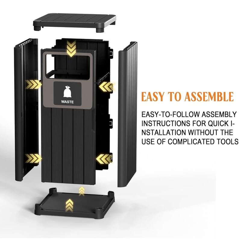 Single-Barrel Outdoor Trash Can,Waterproof Resin Garbage Can with Garbage Labels,Durable Waste Bin for, Backyard