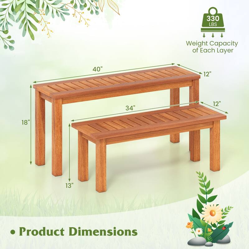 Gymax Wooden Plant Stand Set of 2 w/ Teak Oil Finish Slatted Top