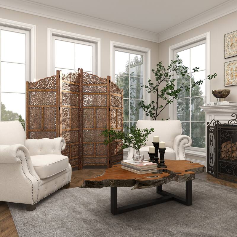 Wooden Floral Handmade Foldable Arched 4 Panel Room Divider Screen with Intricately Carved Designs - Brown - Roche River Decor