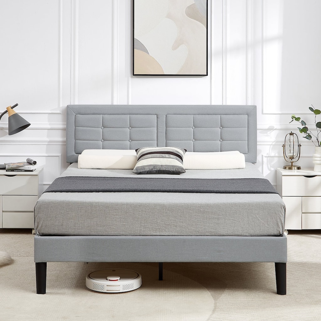 Strong Frame and Wooden Slats Support Bedframe，Platform Bed Frame with Linen Upholstered Headboard,Light Grey Bed Frames