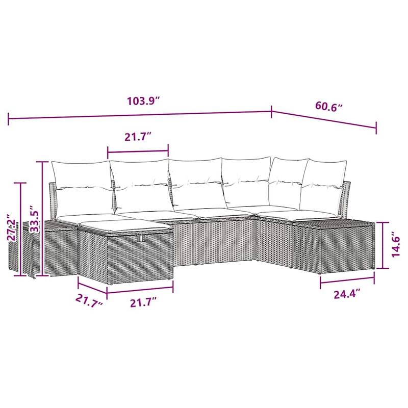 vidaXL Garden Sofa Set with Cushion 6 pcs Black Poly rattan - 61 x 104 x 33
