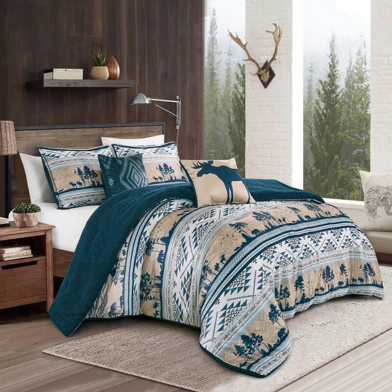 5 PC Velvet Reversible Comforter set - Oversized Queen - Navy