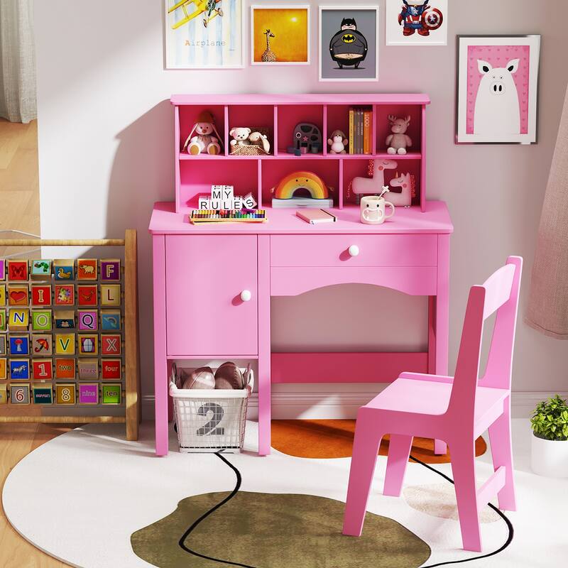 Gymax Kids Study Desk & Chair Set Children Wooden Craft Table w/ Chair