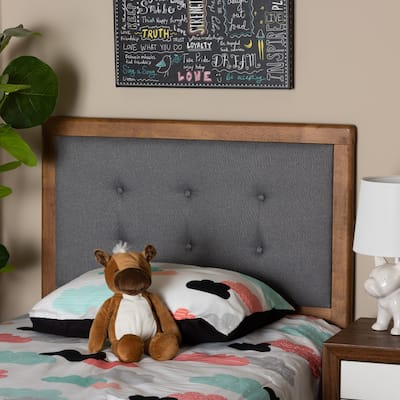 Mid-Century Modern Dark Grey Fabric Upholstered Walnut Brown Wood Twin Size Headboard with Vintage Appeal