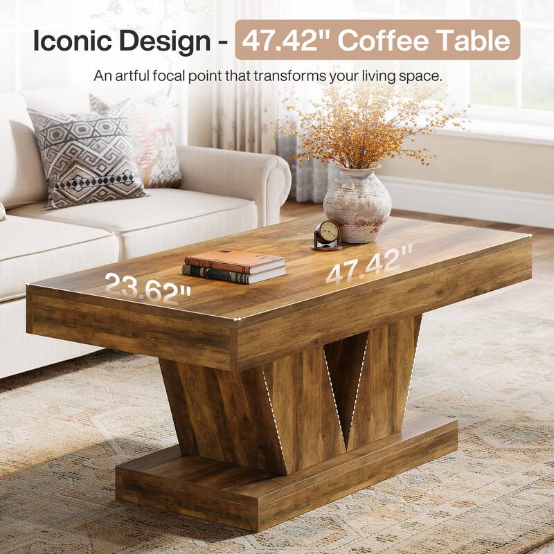 Rectangular Coffee Table, 47.2" Mid-Century Wooden Center Table, Modern Accent Furniture for Living Room