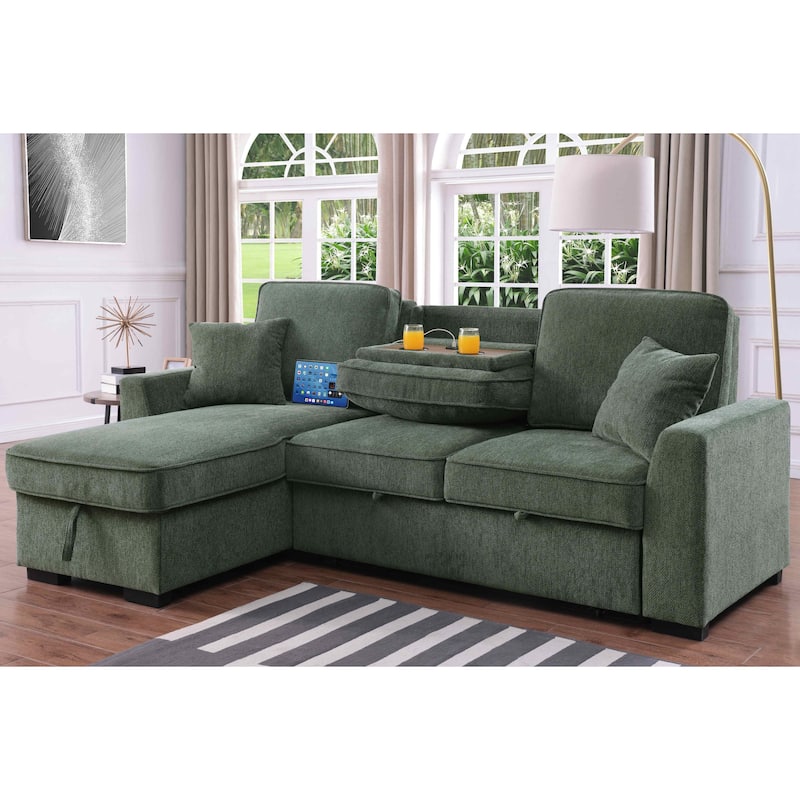 Chenille Reversible Sectional Sofa Convertible Pull Out Couch Bed