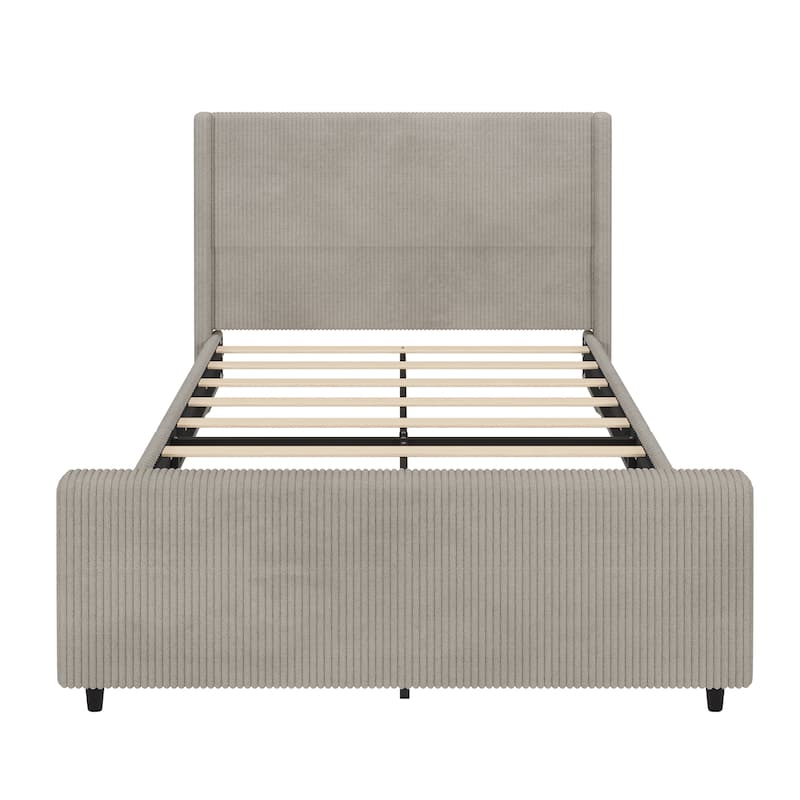 Queen Size Platform Bed Vertical Stripe Wingback Bed Taupe Corduroy Upholstered Frame Low Profile Slat Bed with Footboard