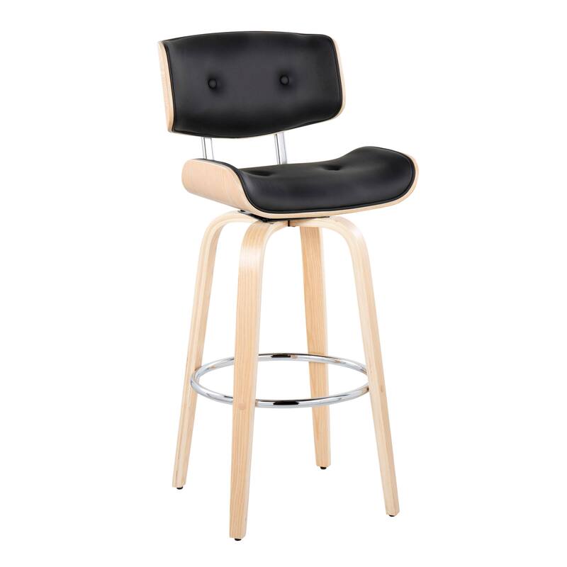 Carson Carrington Leksand 30" Fixed-Height Bar Stool with Bent Wood Legs (Set of 2) - Black Faux Leather/Natural/Chrome