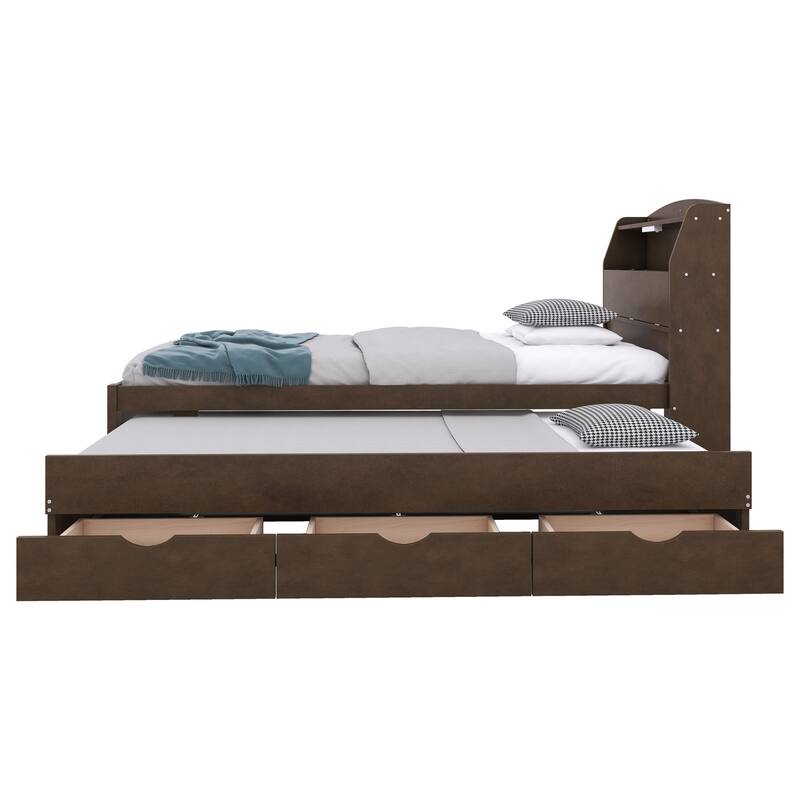 Wood Captain Bed Platform Bed with Trundle and 3 Drawers, Single Bed Frame with Storage Headboard and Integrated LED Light