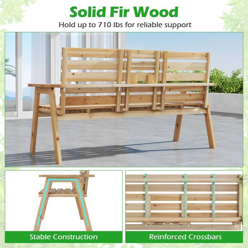 Gymax Outdoor Fir Wood Bench w/ Foldable Middle Table w/ Backrest &