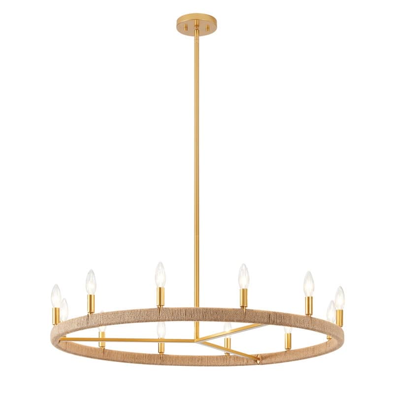 KAWOTI 12-Light Rustic Wagon Wheel Chandelier with Jute Wrap - W36.5" x H46.4"