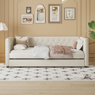 Beige Twin Size Daybed Velvet Tufted Upholstered Daybed Frame with Retractable Trundle, Rivet Accents Armrests and Backrest