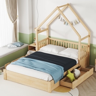 Playhouse-Design Queen Size Platform Bed with Safety Guardrail and 2-Storage Drawers,Sturdy Wood Frame