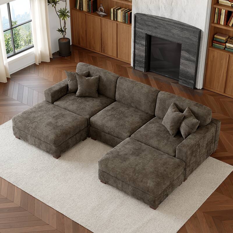 Oversized Chenille Modular Sectional Sofa Conversation Set with 2 Ottomans - Camel/5 Piece