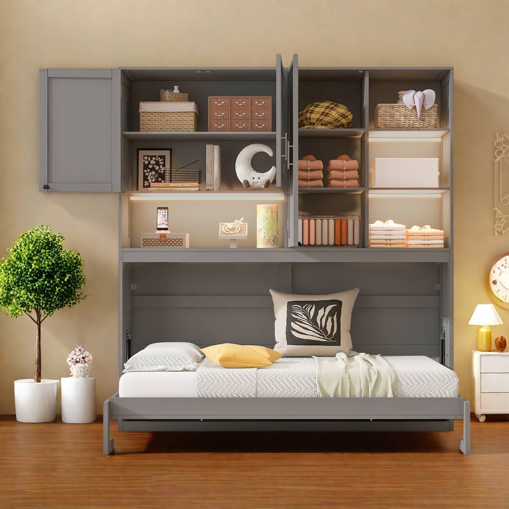 Twin Size Murphy Bed with Storage - Multi-Functional Fold-Up Design, Industrial-Grade MDF/Plywood Construction