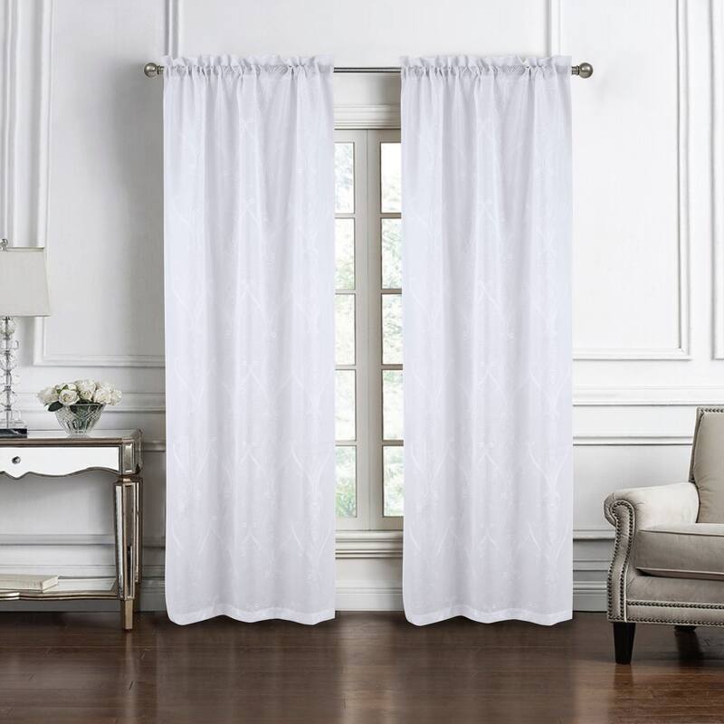 Pearl Embroidered Damask Window Curtain Panel Pair - White