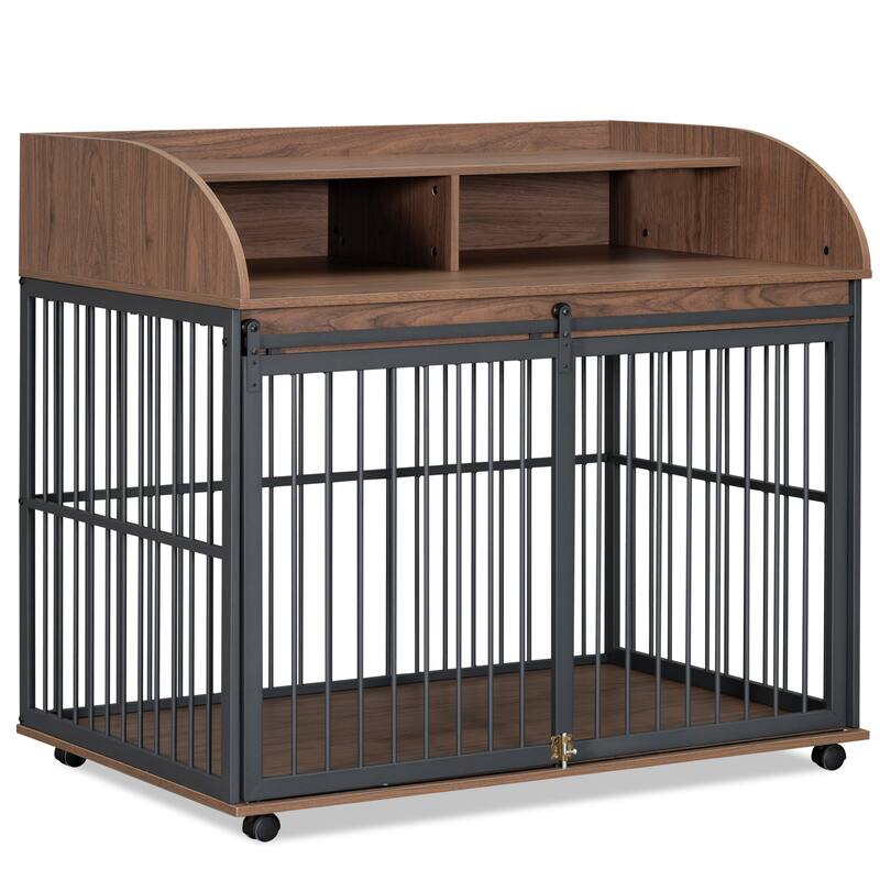 44"Heavy Duty Large Dog Crate Furniture with Lockable Wheels, Wooden Dog Crate Dog Kennel, End Table with Double Layer Storage