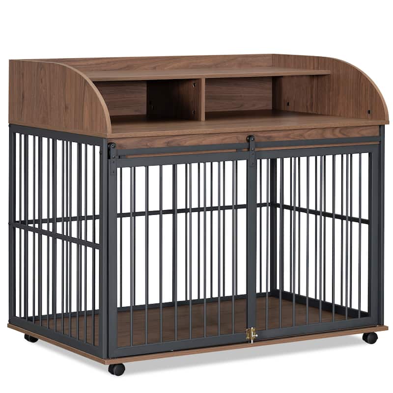 Heavy Duty Dog Crate with Lockable Wheel, Wooden Dog Crate Dog Kennel for Medium/Large Dog, End Table Crate with Storage