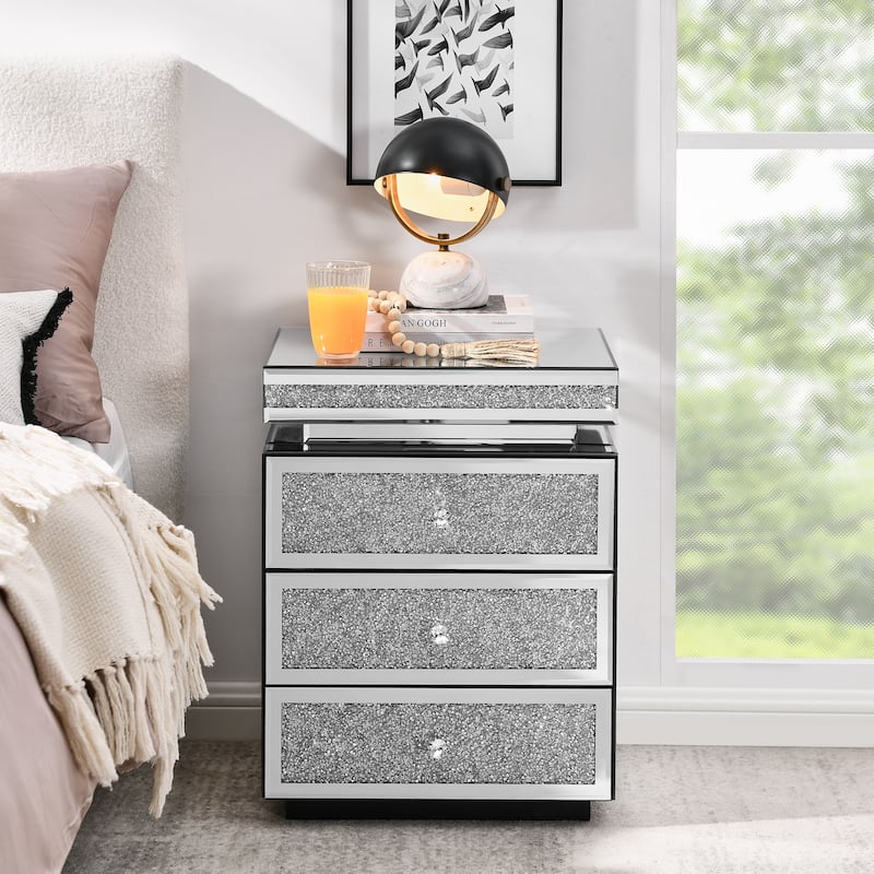 Mirrored Nightstand with Drawers, Couch Side Table with Crystal Pulls, Living Room Side Table with Crushed Decorate