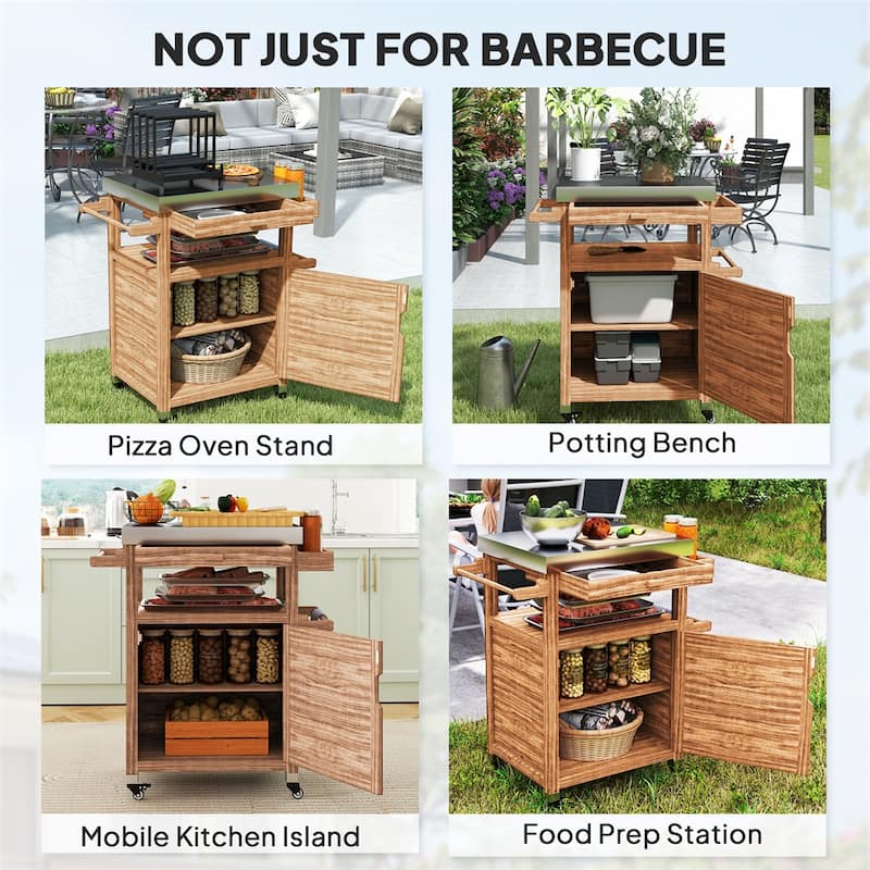 Brown Solid Wood Grill Cart with Stainless-Steel Top-Drawer Spice Rack Towel Holder Cabinet and Swivel Casters 33 Inch